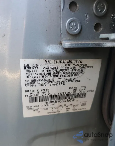 2008 Mercury Sable Luxury from USA, damaged, VIN 1MEHM40W58G616250